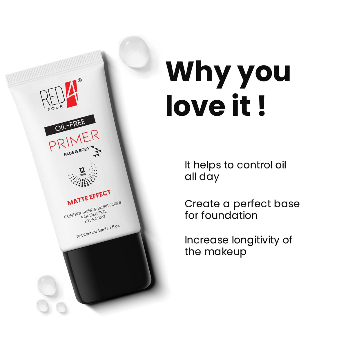 RED4 Matte Effect Oil Free Primer | Controls Oil & Blurs Pores | Hydrating Primer | 30ml